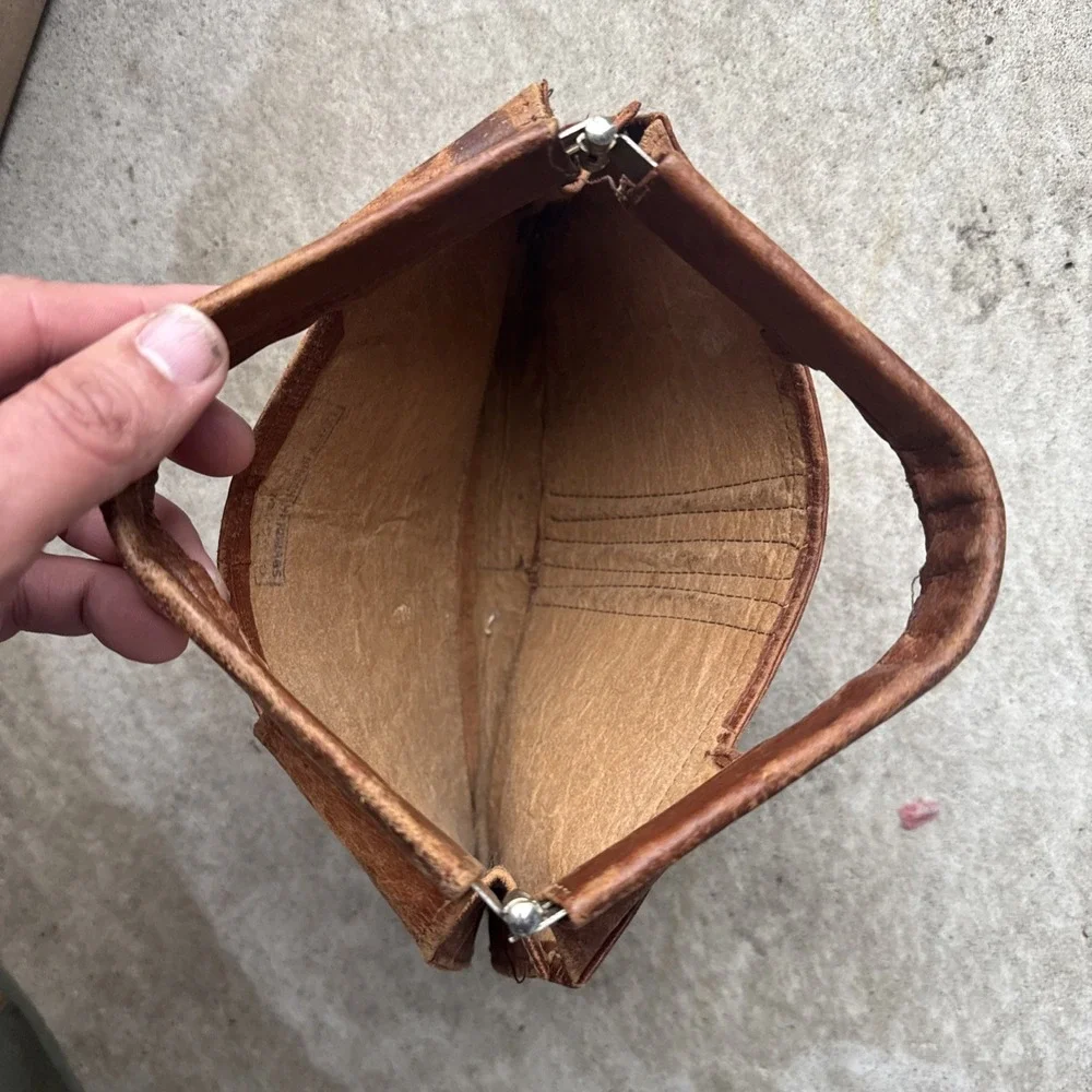 Cognac Leather Embossed Top Handle Clutch Handbag Vtg Made in Morocco For Repair